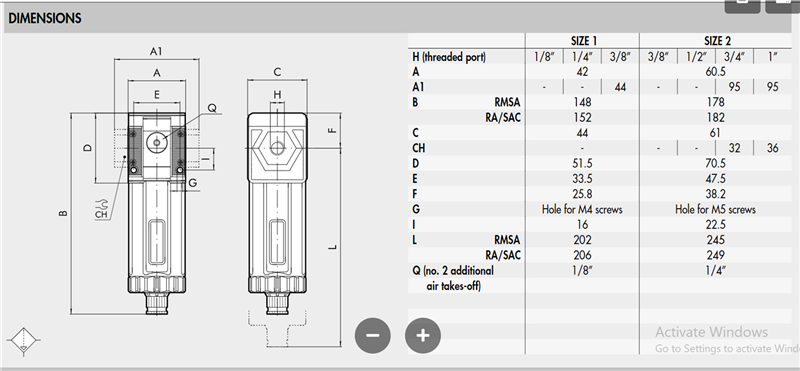 Bô lọc khí Syntesi Filter Metal Work 5610F100, 5610F200, 5610F400, 5610F500, 5611F101, 5611F201